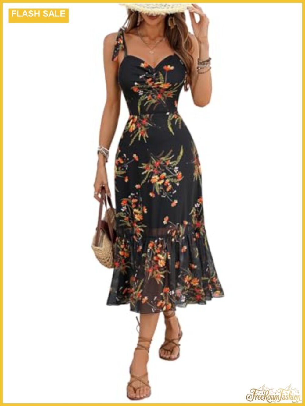 GothDark Women Floral Mesh Tie Straps Boho A Line Casual Midi Dress